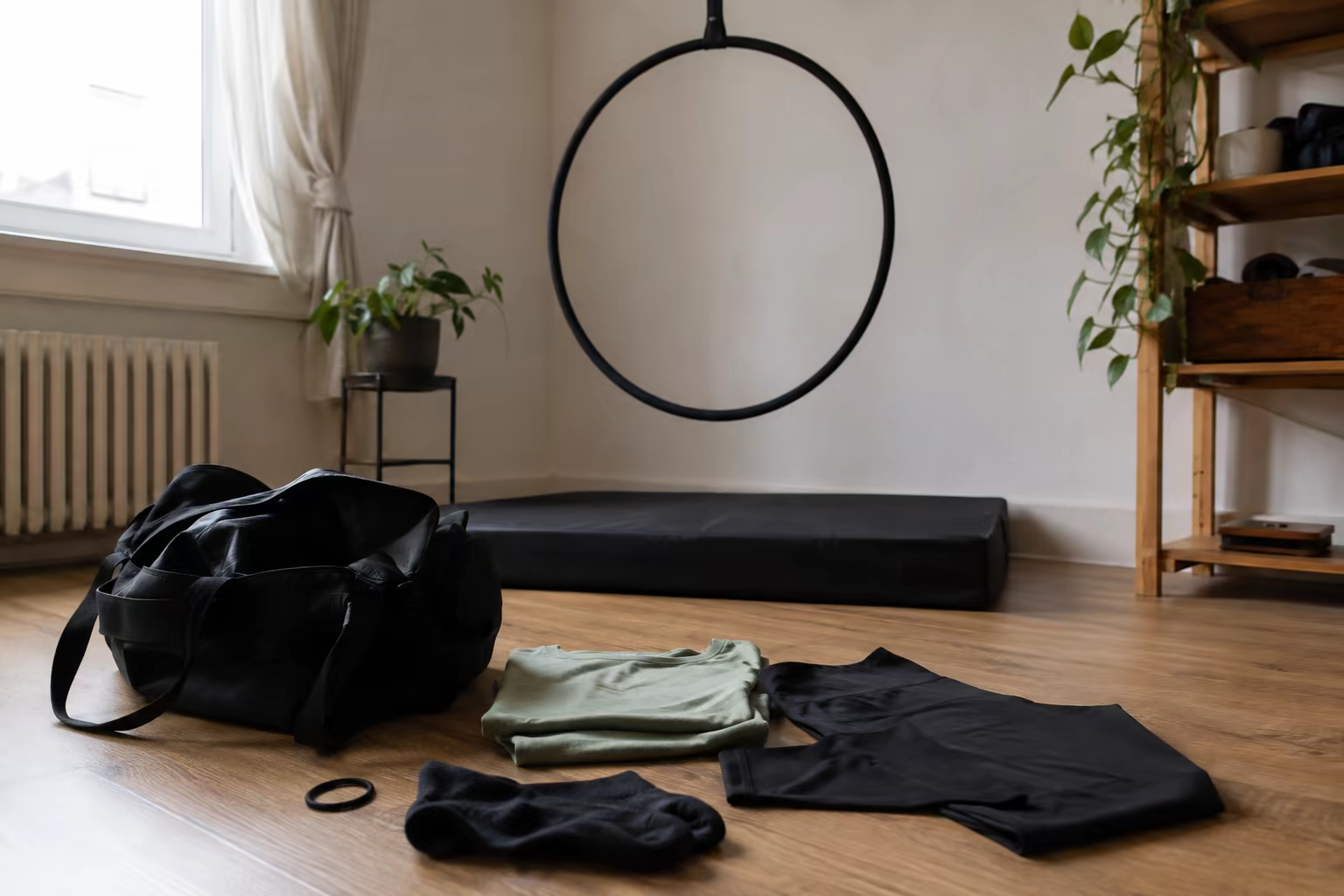 Tenue simple et sac de sport posés devant un cerceau aérien vide dans une pièce éclairée par une fenêtre