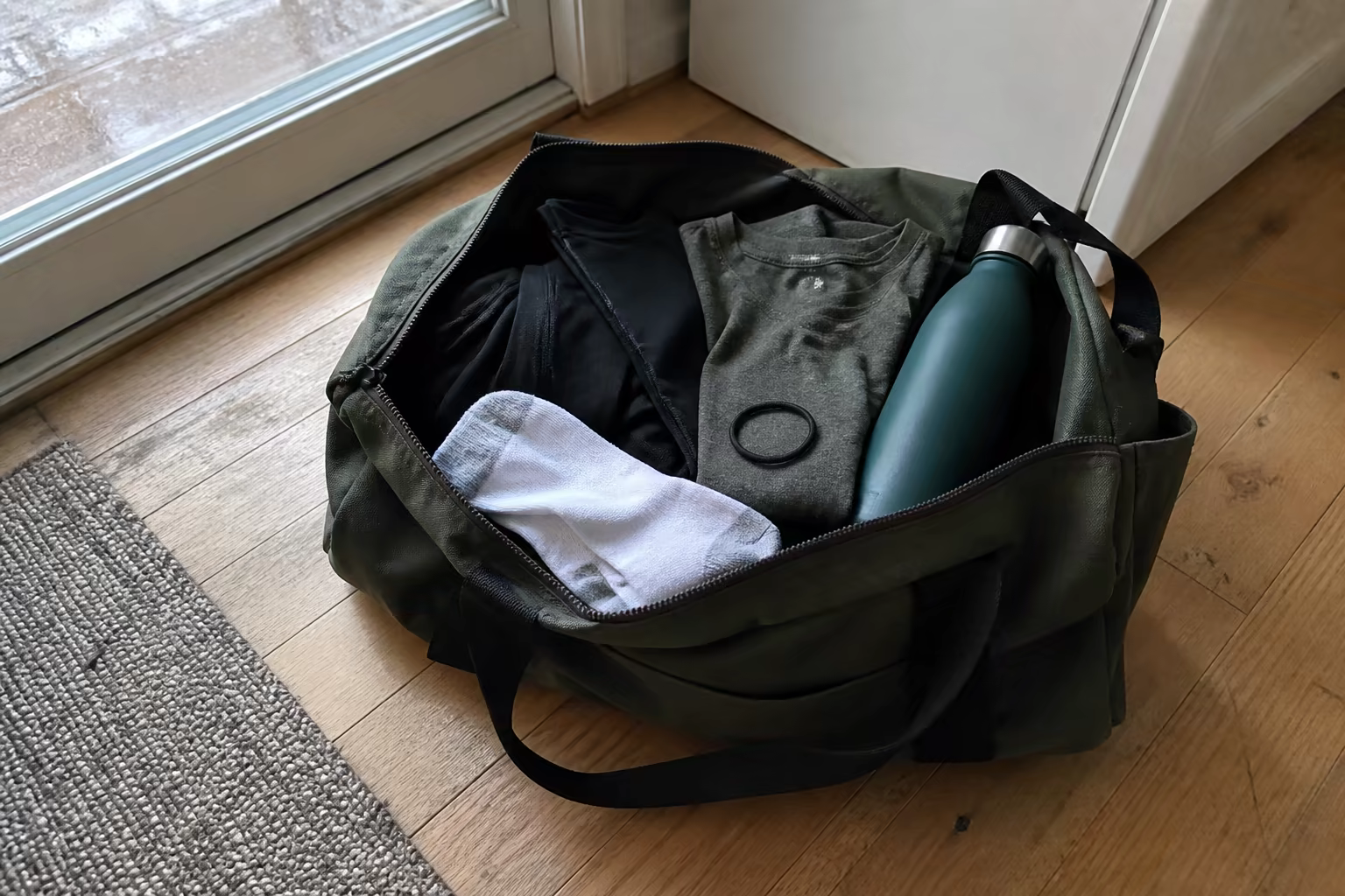 Sac de sport ouvert contenant une tenue, des chaussettes, un élastique et une gourde près d’une fenêtre